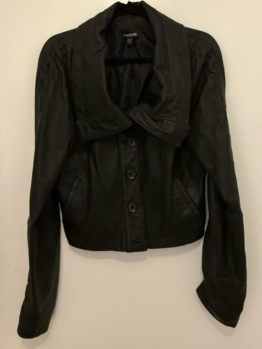 bebe Black Cropped Leather Button-Front Jacket